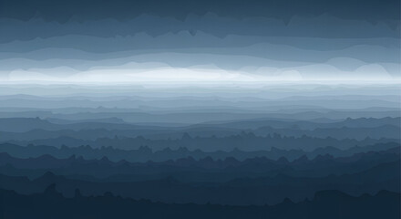 Abstract landscape with layered mountains and misty horizon in shades of blue