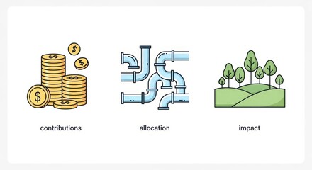 Illustrative icons depicting financial contributions, resource allocation, and environmental impact, isolated on white background
