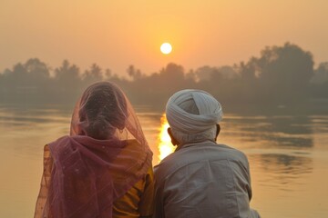 Portrait of a blissful indian couple in their 50s watching the sunrise