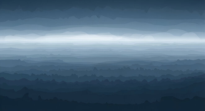 Abstract landscape with layered mountains and misty horizon in shades of blue