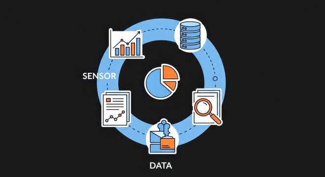 Sensor data collection and analysis for business intelligence and decisionmaking, with charts, graphs, and database icons on a dark background