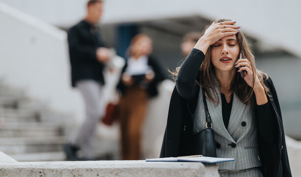 A woman in a gray suit and black coat speaks on a phone, hand on her forehead, showing frustration. Blurred colleagues and stairs create a busy, urban office vibe. - Powered by Adobe