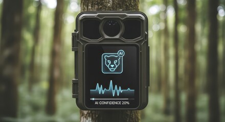 Trail camera on a tree trunk in a forest, capturing wildlife activity and monitoring animal presence for conservation and research purposes