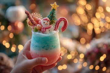 A festive layered drink in red and blue topped with a snowman, candy cane, and mini Christmas tree, glowing with holiday lights in the background