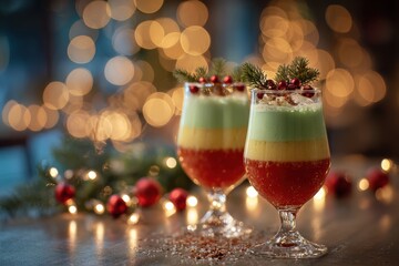 Colorful layered Christmas drinks topped with whipped cream, cranberries, and pine sprigs, glowing warmly with festive holiday lights in the background