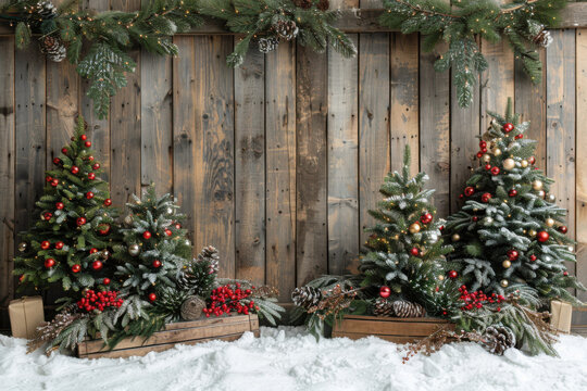 Photo studio setup of wooden panel wall with christmas trees and decoration.