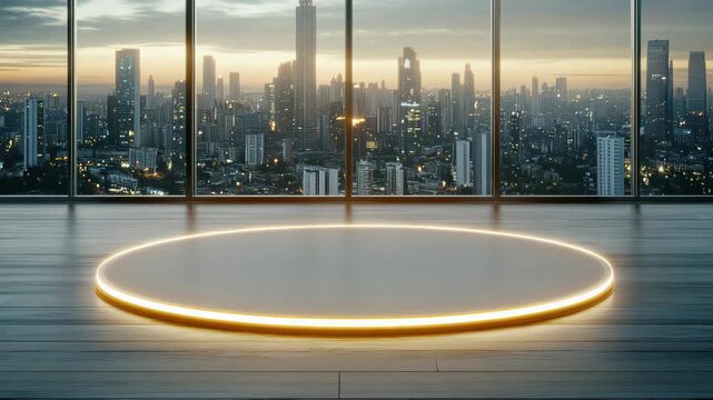 Glowing circular platform modern interior city skyline panoramic window wooden floor sunset skyline modern circular platform lit with warm LED rim inside empty showroom overlooking city skyline dusk
