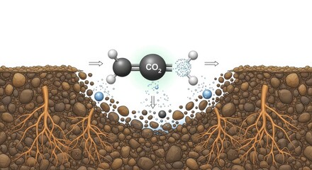 Carbon capture and storage illustration, showing co2 molecule being absorbed into the ground with plant roots, isolated on white background