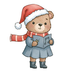Cute Bear Singing Christmas Carol in Santa Hat