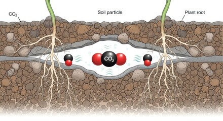 Illustration showing carbon dioxide release from soil particles and plant roots, demonstrating the carbon cycle and environmental processes