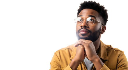 Thoughtful african american man with glasses looking up isolated on transparent background, contemplating future plans