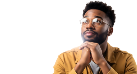Thoughtful african american man with glasses looking up isolated on transparent background, contemplating future plans