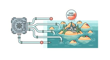 Financial security concept with fund balance flowing from vault to island, isolated on white background, representing investment and asset management