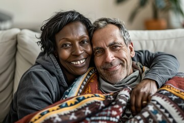Portrait of a grinning multicultural couple in their 50s sharing a blanket on the couch