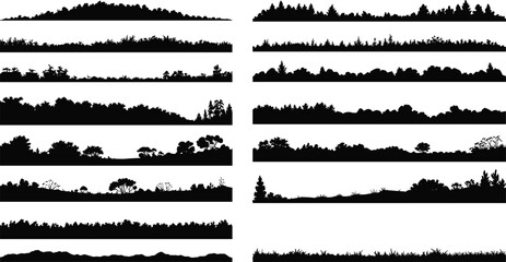 Landscape silhouette set, black nature profiles, forest outlines, terrain shapes, botanical graphics, vector vegetation, mountain horizon, grassland, shrubbery, design elements