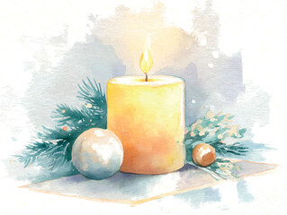 Vector watercolor Christmas candle with festive holiday decor isolated on white background