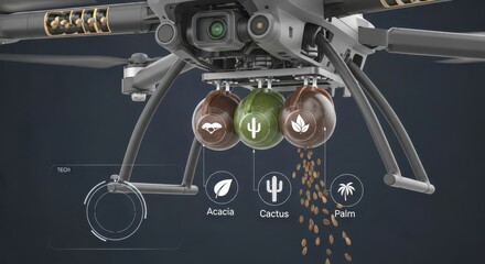 Drone equipped with seed balls for reforestation and ecological restoration, showcasing a modern approach to environmental conservation and sustainable development