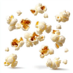 Fototapeta premium Scattered Delight Popcorn Pieces Floating in a Sea of White Background Snack Time Fun Treat