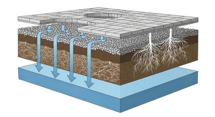 Permeable pavement system diagram showing water infiltration and drainage through layers isolated on white background
