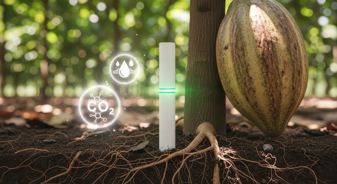 Sensor monitoring soil conditions near a cacao tree, measuring carbon dioxide and moisture levels to optimize growth and sustainability in agriculture