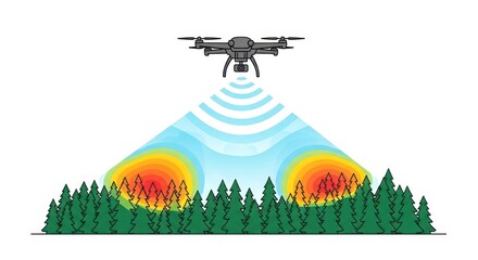 Drone surveying forest with thermal imaging, isolated on white background, showcasing technology for environmental monitoring and precision forestry