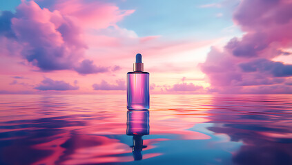 A bottle of face oil stands on the water with color