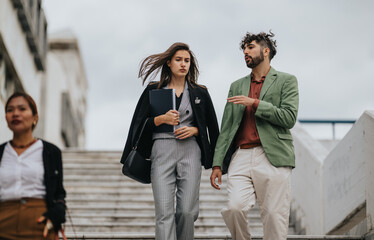 Obraz premium Two stylish professionals, a man and a woman, accompany a colleague as they ascend steps outdoors. They wear smart casual outfits, conveying confidence and collaboration in a modern city environment.