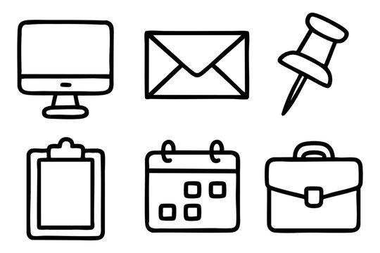 Office elements and icons set doodle style. Vector srock illustration