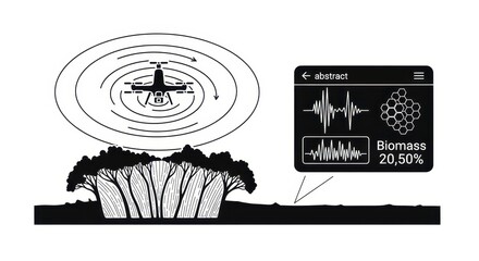 Illustration of drone technology for biomass assessment, showing a drone scanning vegetation and displaying biomass percentage on a digital interface