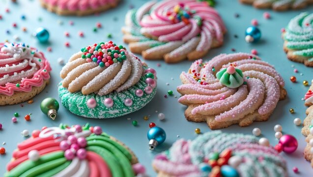 Colorful Christmas holiday dessert cookies decorated with sprinkles  