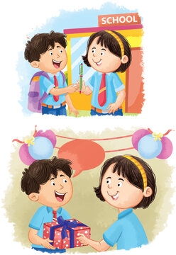 School Children Sharing a Pen and Exchanging a Gift