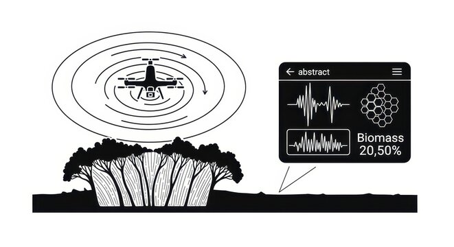 Illustration of drone technology for biomass assessment, showing a drone scanning vegetation and displaying biomass percentage on a digital interface