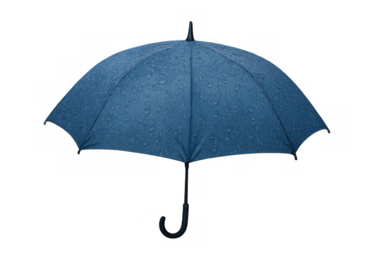 Blue umbrella covered in raindrops, open and providing protection from rain, transparent background for weather concepts