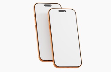 Orange smartphones with blank screens, perfect for showcasing apps or designs. Ideal for technology concepts an