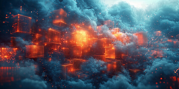 Digital abstract blocks floating in a colorful cloud space Generative AI