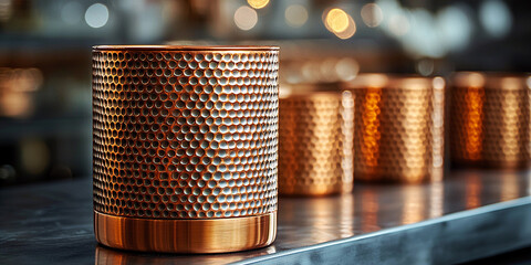 Polished copper cylinder with textured finish on display Generative AI
