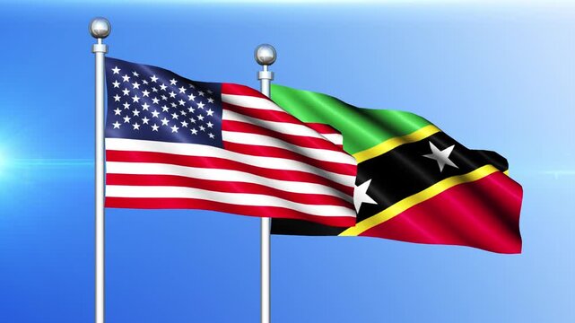 USA and Saint Kitts and Nevis Flag Waving on Pole Loop