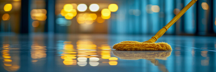 Yellow mop cleaning a shiny floor in a bright space Generative AI