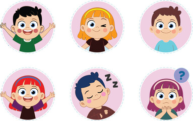 Cute cartoon kids avatar set, happy children facial expressions illustration, boy and girl emoji icons showing various emotions vector