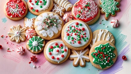 Festive Christmas holiday dessert cookies with colorful icing and sprinkles  