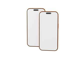 Two gold smartphones with blank screens isolated on white, perfect for mockups and presentations. Modern tech c