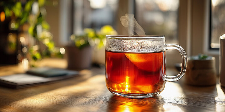 Cozy steaming cup of tea on wooden table in warm sunlight Generative AI - Powered by Adobe