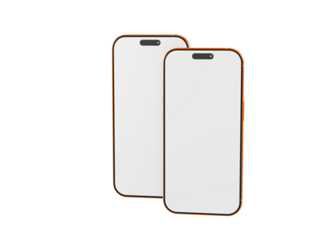 Two gold smartphones with blank screens isolated on white, perfect for mockups and presentations. Modern tech c