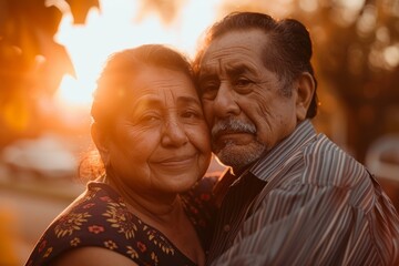 Portrait of a tender latino couple in their 60s enjoying a sunset together
