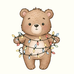 Adorable Bear Tangled in Christmas Lights