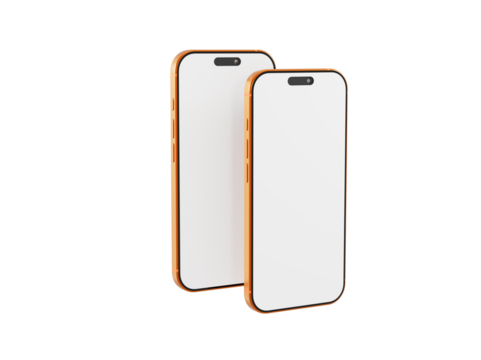 Two blank smartphone mockups featuring orange frames against a white background, ideal for app presentations or