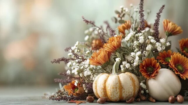 An autumn still life with small striped and white gourds nestled among orange white and purple flowers