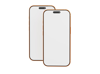 Two gold smartphones side by side with blank screens on white, ideal for app design, presentation. Mockup of mo
