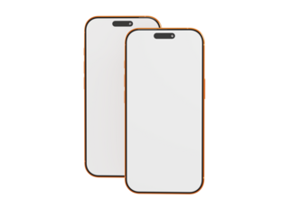 Two gold smartphones side by side with blank screens on white, ideal for app design, presentation. Mockup of mo