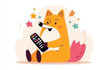 Obraz premium Cartoon Fox Using Smartphone with Stars